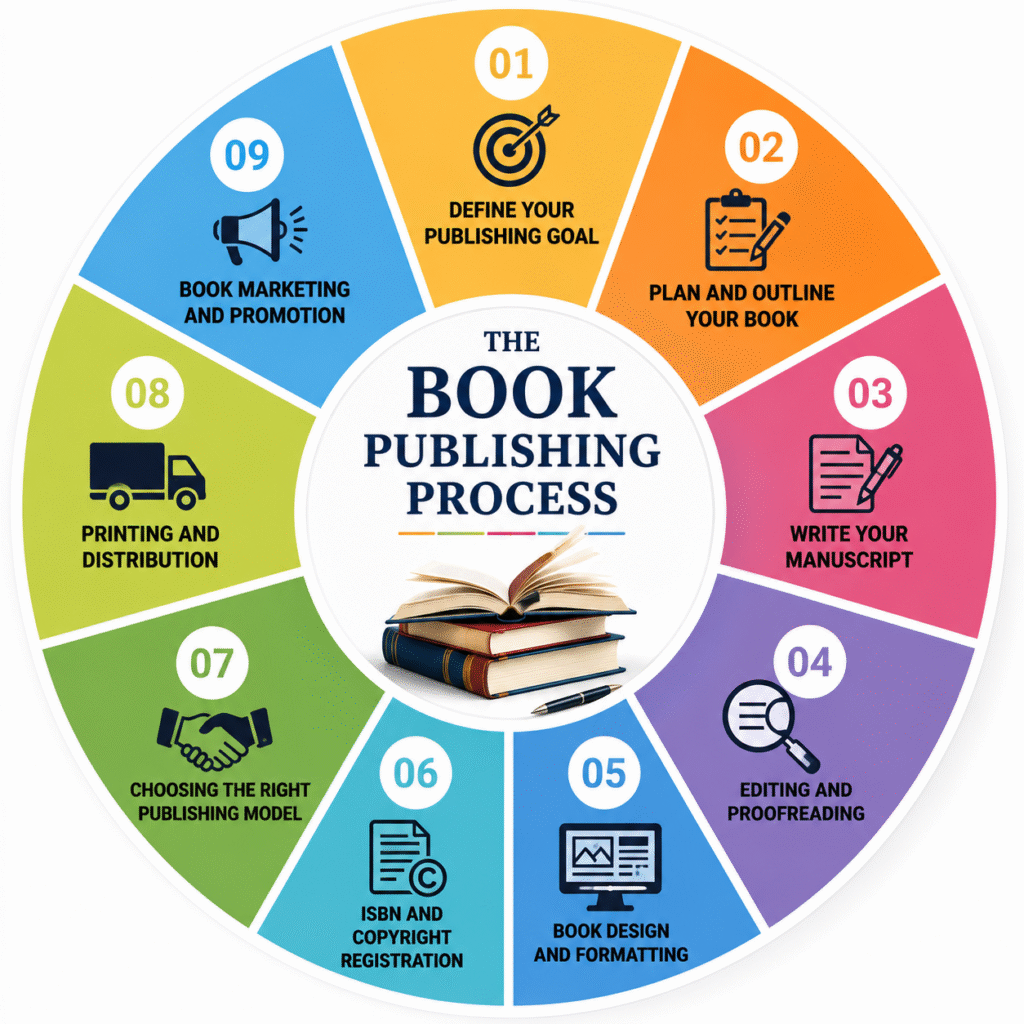 book publishing process, from defining publishing goals to book marketing and promotion."